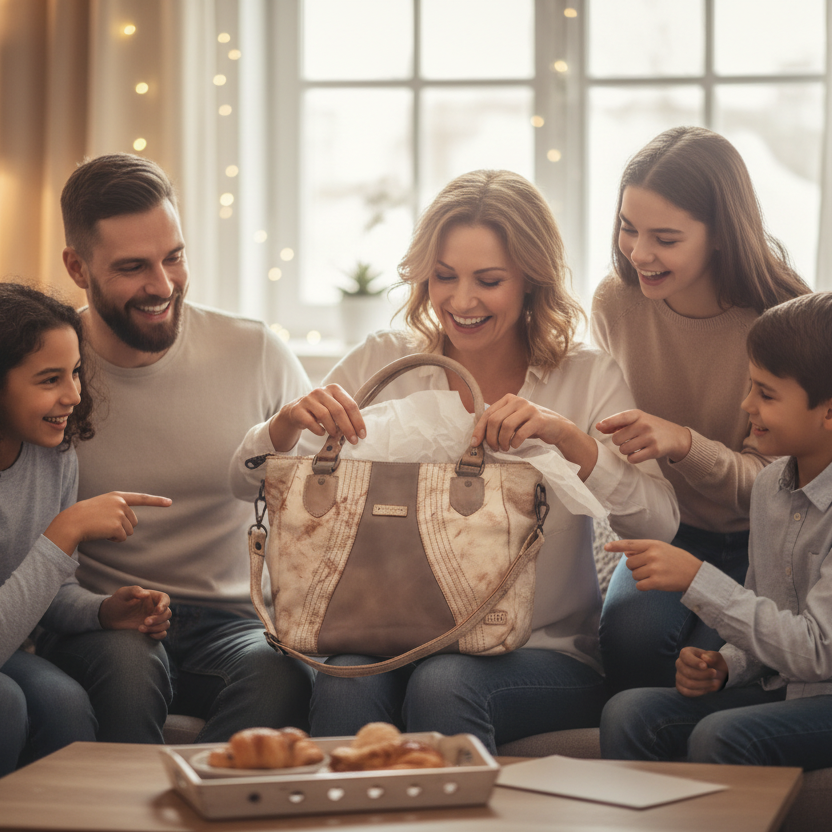 Family giving mom a purse for Mother's Day