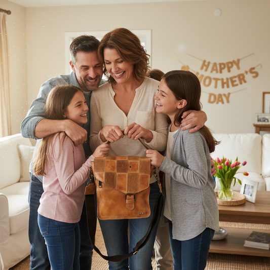 Family Mother's Day moment with leather crossbody bag