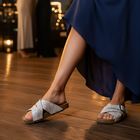 Woman wearing Jada Sandal on a girls night out